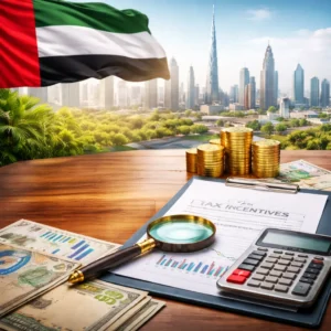 uae tax benefits for companies financial concept with dubai skyline and business tools