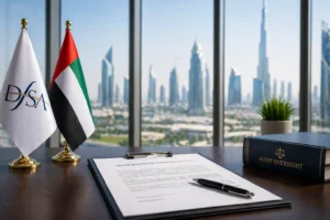 UAE Audit Oversight MoU agreement document with UAE and DFSA flags in corporate office